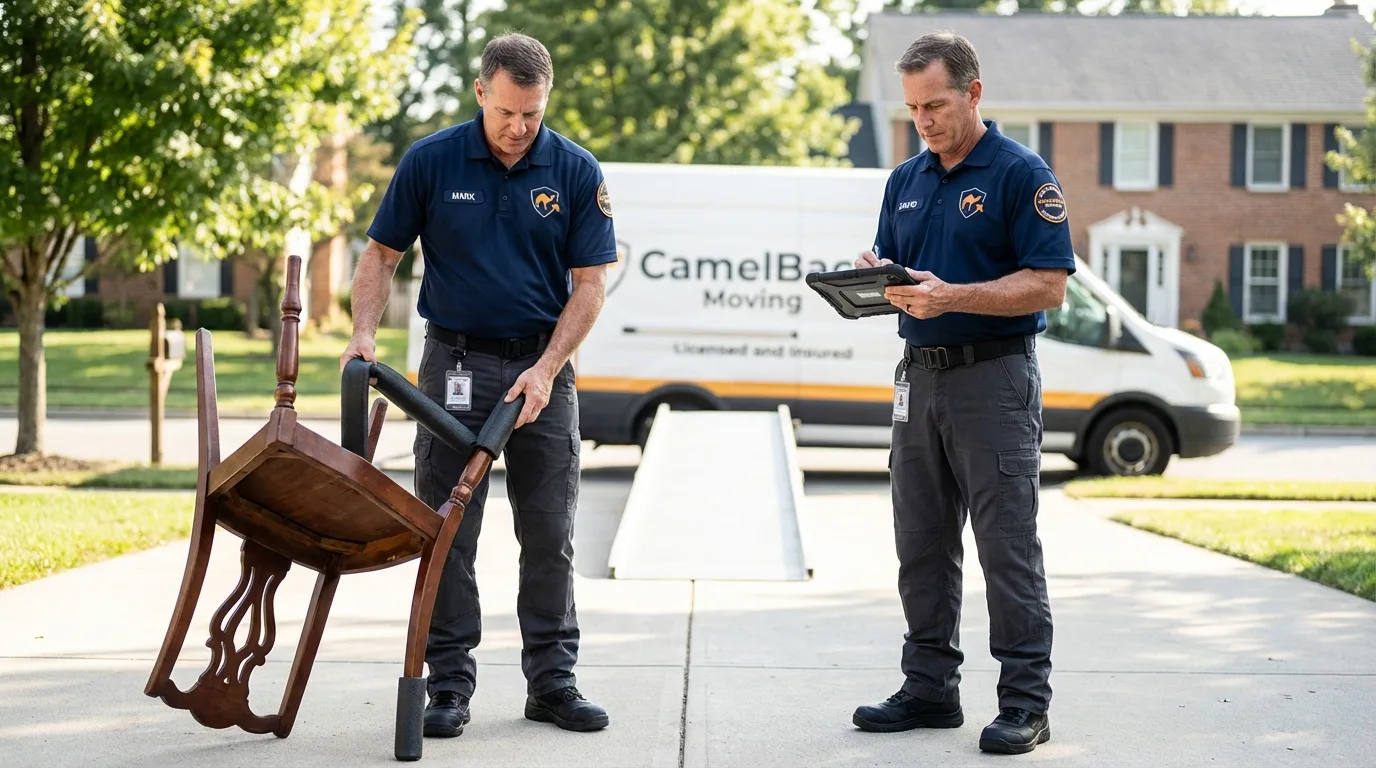 Movers inspecting furniture for damage prevention before loading in Pearson, GA