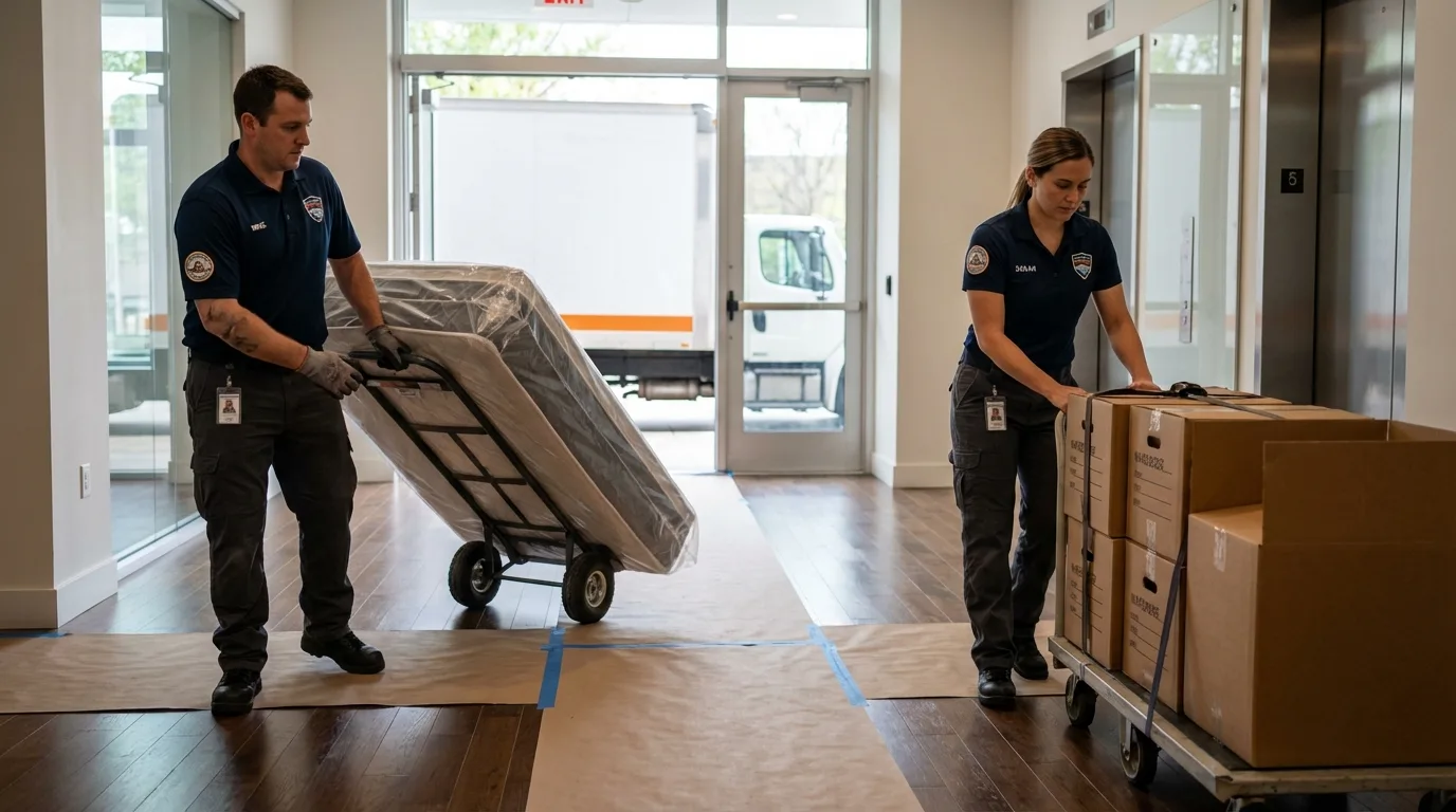 Professional apartment movers loading elevator in Pearson, GA